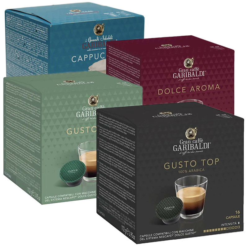 Комплект за дегустация Dolce Gusto Кафе капсули Dolce Gusto на Garibaldi висококачествено кафе с чудесен вкус и галещ сетивата аромат. Изберете своето кафе!
