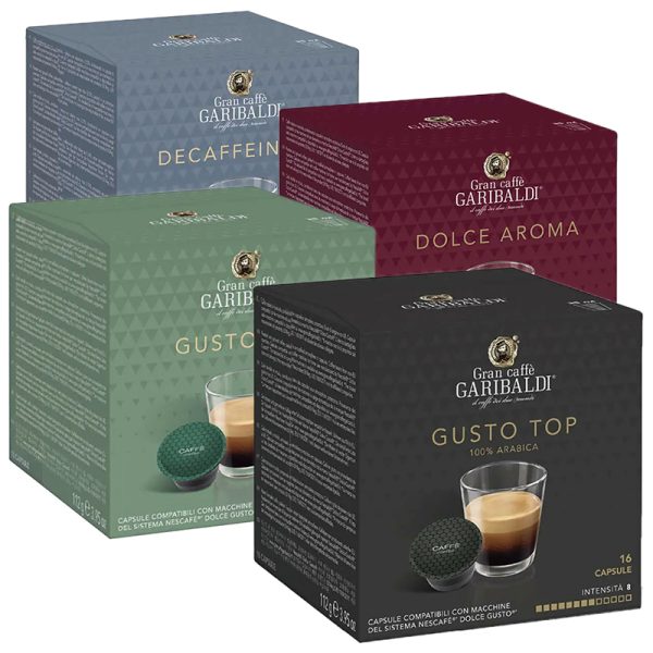 Комплект за дегустация Dolce Gusto Кафе капсули Dolce Gusto на Garibaldi висококачествено кафе с чудесен вкус и галещ сетивата аромат. Изберете своето кафе!