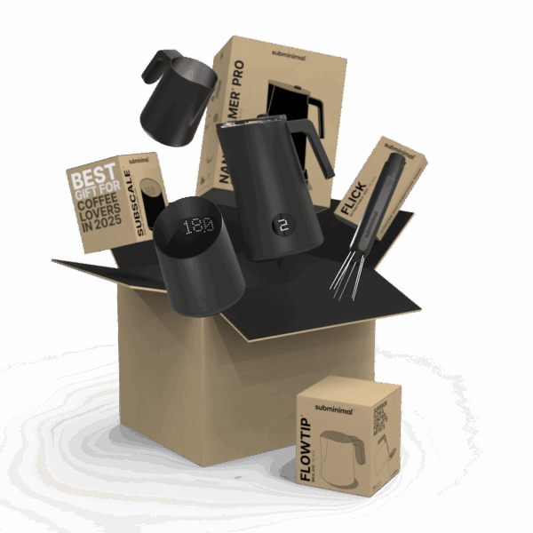 Subminimal Промо Комплект за домашен бариста, включващ NanoFoamer Pro, Flick Pen, SubScale и FlowTip Jugs.