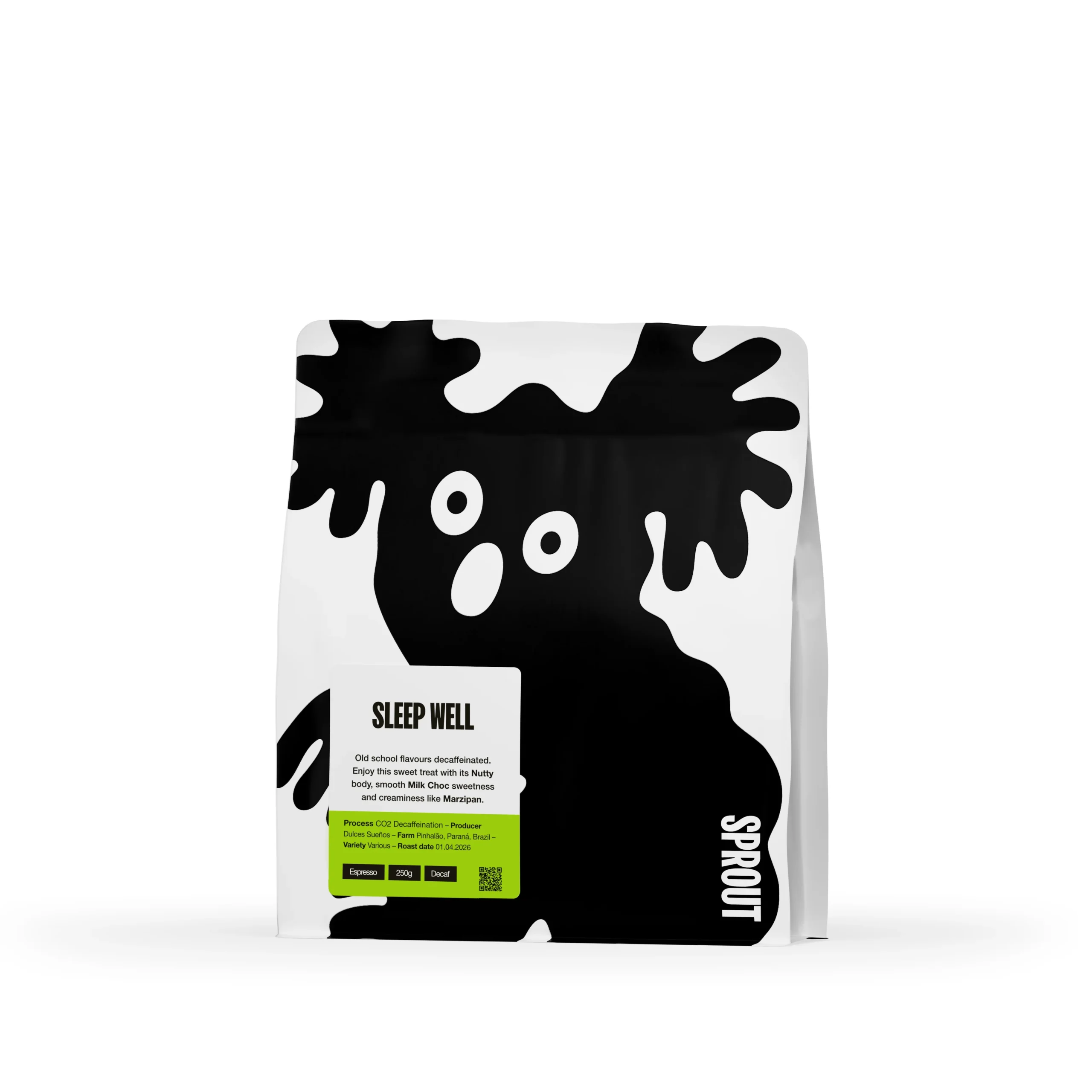 Пакет специално безкофеиново кафе на зърна Sprout Sleep Well Decaf 250гр, CO2 метод, произход Бразилия.