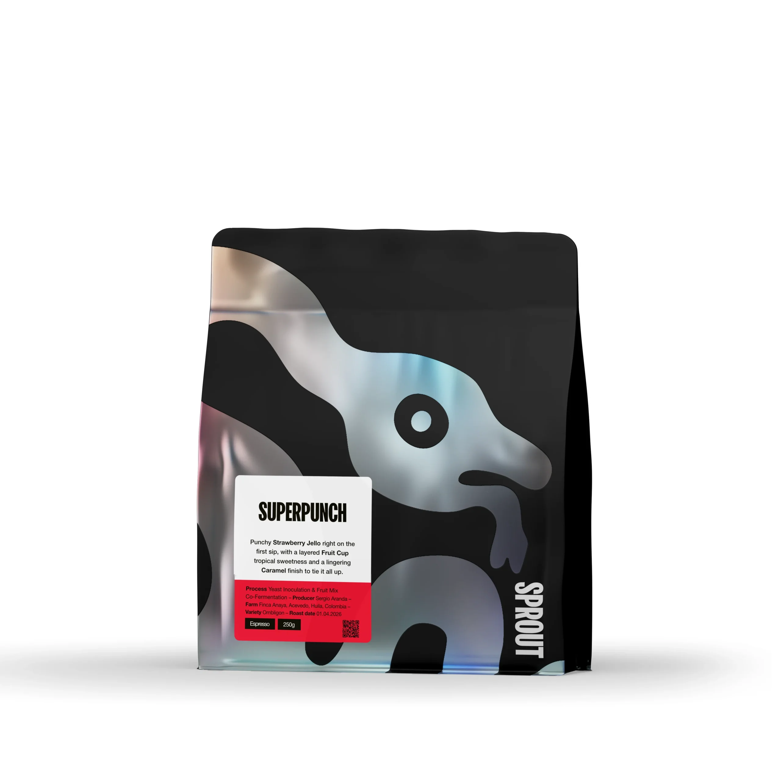 Пакет специално кафе на зърна Sprout Superpunch Espresso 250гр, сорт Ombligon от Колумбия, ко-ферментирало с плодове.